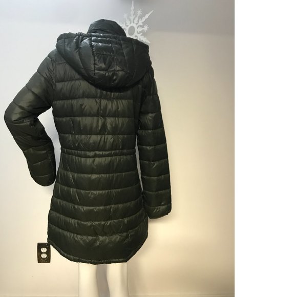 Butter Soft Lightweight Long Olive Green Coat Jacket Puffer Hooded Fall Winter - Picture 3 of 8